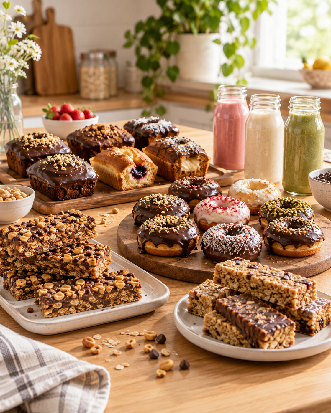 Barras de cereal con maní y chocolate, mini budines bañados y mini donas glaseadas, productos listos para vender